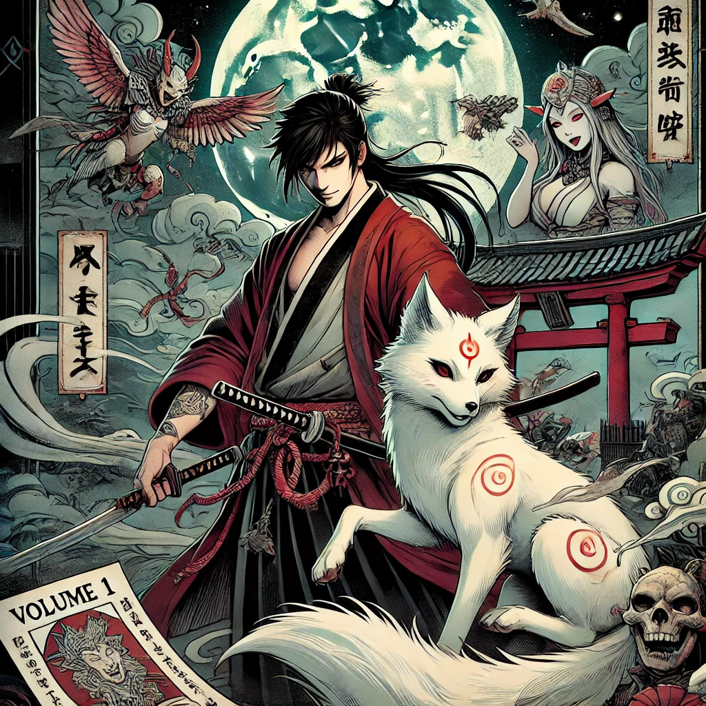 Portada del cómic: Jin viajando por la noche con Tsukiko.